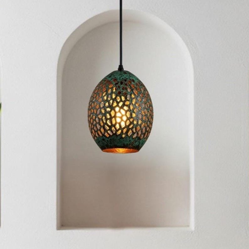products-GreenPatinaBrassPendantLight1 Green Patina Brass Perforated Egg Pendant Light