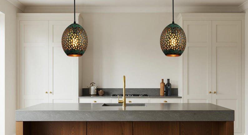 Green Patina Brass Pendant Light: Handmade Moroccan Boho Lighting Green Patina Brass Pendant Light: Handmade Moroccan Boho Lighting