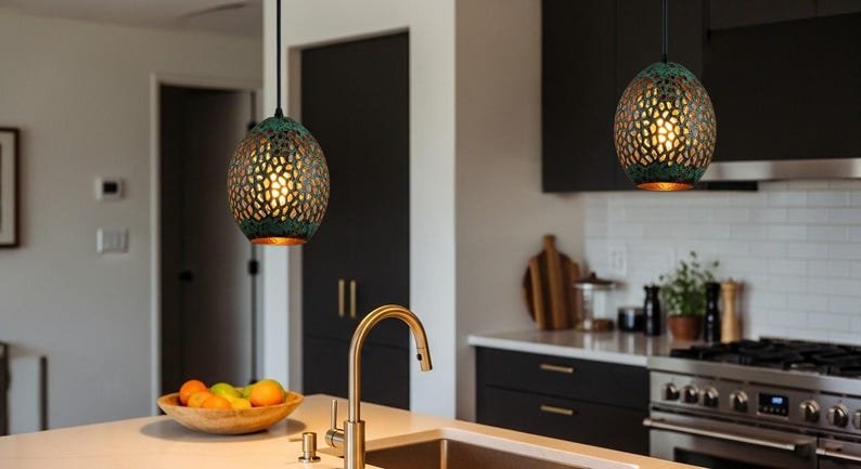 Green Patina Brass Pendant Light: Handmade Moroccan Boho Lighting Green Patina Brass Pendant Light: Handmade Moroccan Boho Lighting