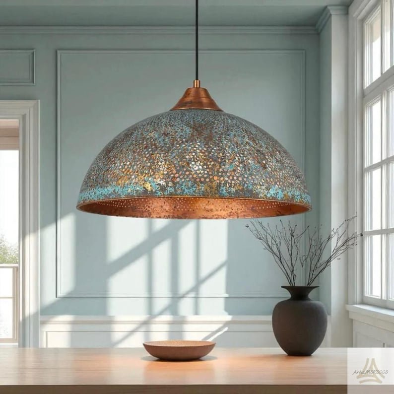 Industrial Copper Pendant Light, Green Patina Copper Pendant Light, Oxidized Copper Island Kitchen Lighting, Rustic chandelier Industrial Copper Pendant Light, Green Patina Copper Pendant Light, Oxidized Copper Island Kitchen Lighting, Rustic chandelier