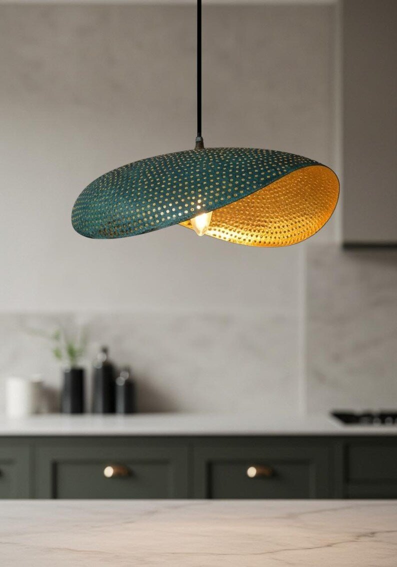 Green Patina Perforated Leaf Pendant Light  Modern Kitchen Lamp