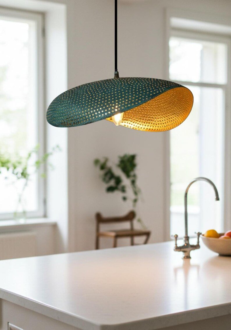 Green Patina Copper Dome Pendant Light - Brass Farmhouse Lighting