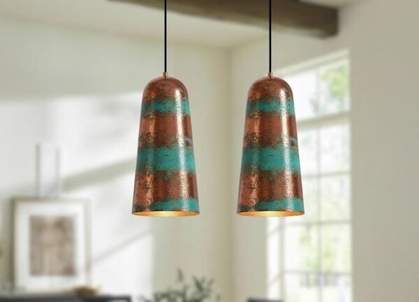 Handmade Green Patina Copper Pendant Light - Rustic Farmhouse Dome Lamp