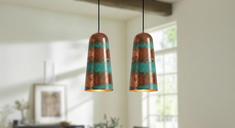 products-GreenPatinaCopperPendant5 Handmade Green Patina Copper Pendant Light - Rustic Farmhouse Dome Lamp