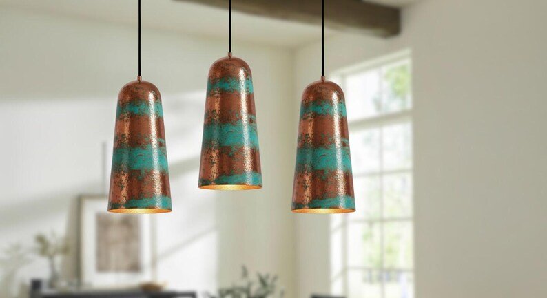 Handmade Green Patina Copper Pendant Light - Rustic Farmhouse Dome Lamp Handmade Green Patina Copper Pendant Light - Rustic Farmhouse Dome Lamp
