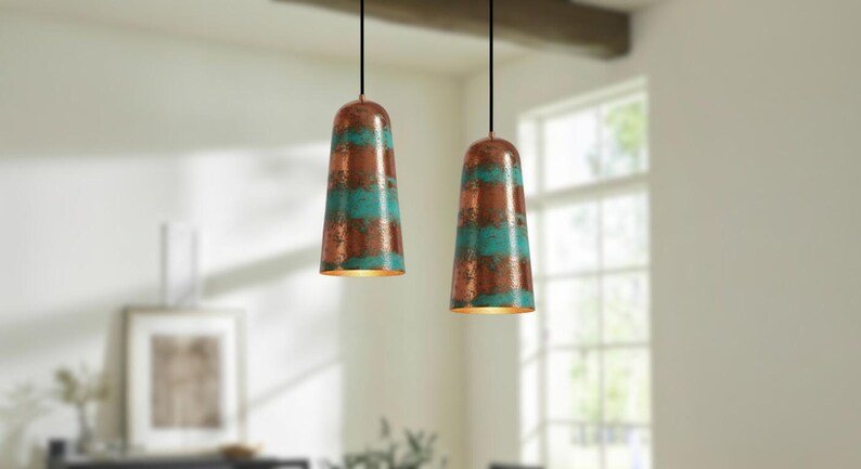 Handmade Green Patina Copper Pendant Light - Rustic Farmhouse Dome Lamp Handmade Green Patina Copper Pendant Light - Rustic Farmhouse Dome Lamp