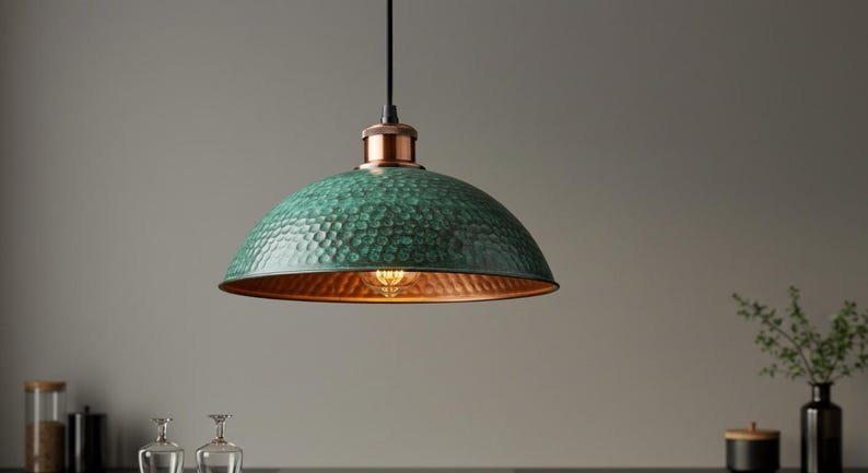 Handmade Hammered Green Patina Copper Dome Pendant Light