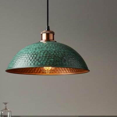 Set of 2 Green Patina Copper Pendant Lights: Moroccan Hammered Dome