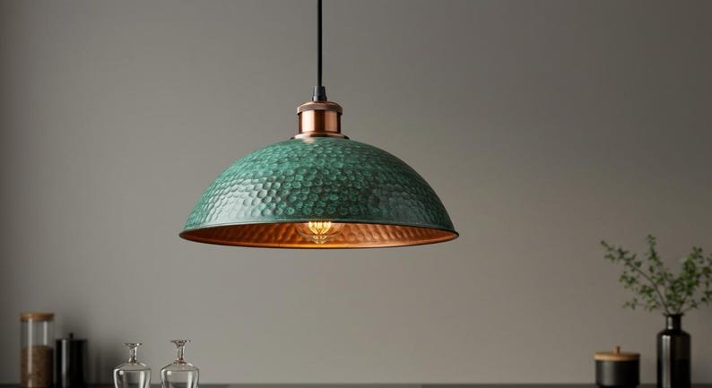 Set of 2 Green Patina Copper Pendant Lights: Moroccan Hammered Dome