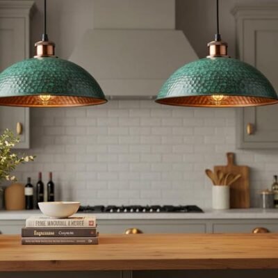 Set of 2 Green Patina Copper Pendant Lights: Moroccan Hammered Dome