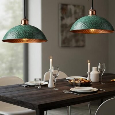 Set of 2 Green Patina Copper Pendant Lights: Moroccan Hammered Dome