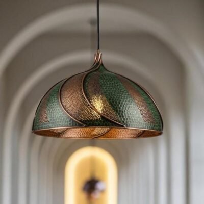 Handcrafted Hammered Copper Pendant Light: Green Patina Dome Lamp