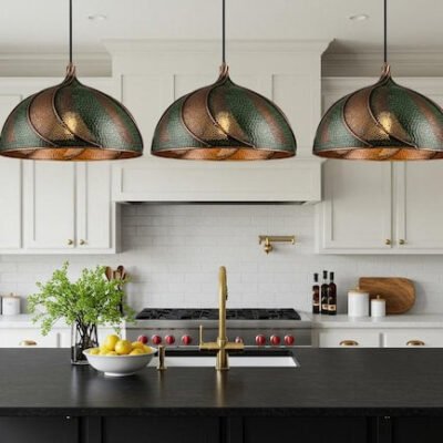 Handcrafted Hammered Copper Pendant Light: Green Patina Dome Lamp