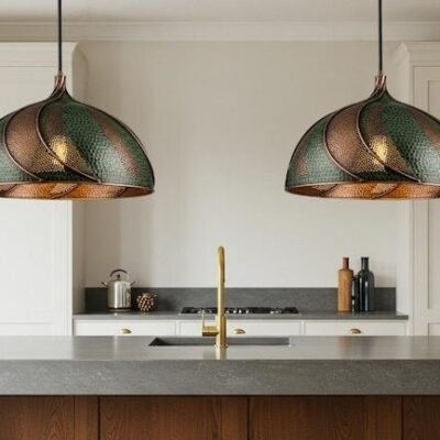 Set of 2 Green Patina Copper Scalloped Dome Pendant Lights