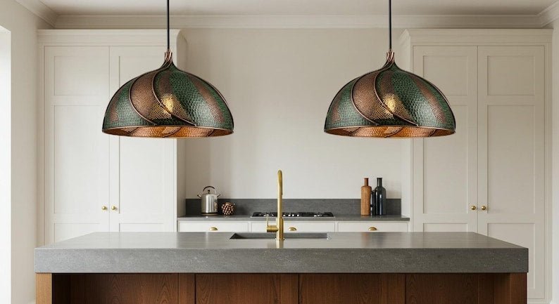 Set of 2 Green Patina Copper Scalloped Dome Pendant Lights