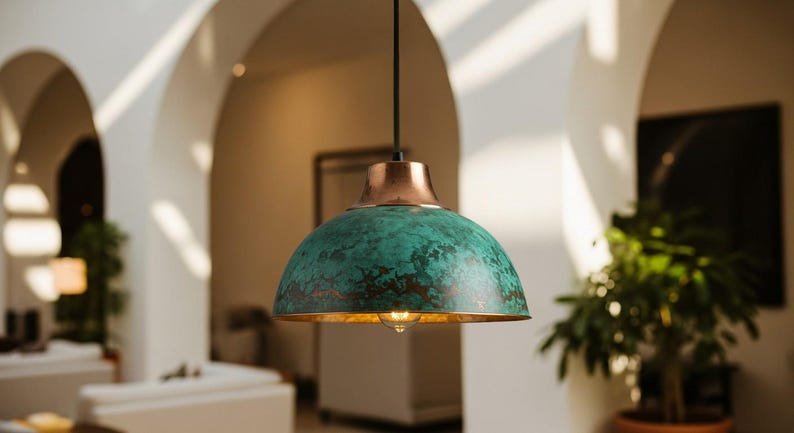 Handmade Moroccan Copper Pendant Light: Green Patina Farmhouse Lighting