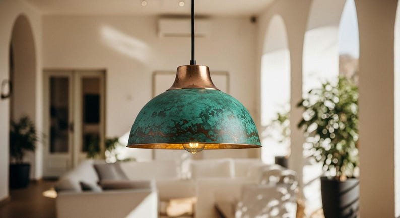 Handmade Moroccan Copper Pendant Light: Green Patina Farmhouse Lighting