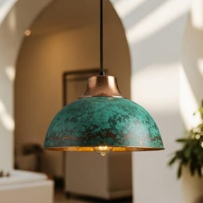 Handmade Moroccan Copper Pendant Light: Green Patina Farmhouse Lighting