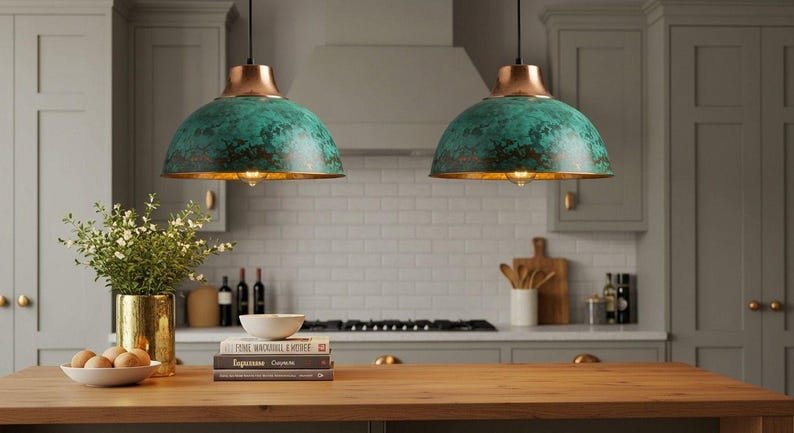 Handmade Moroccan Copper Pendant Light: Green Patina Farmhouse Lighting