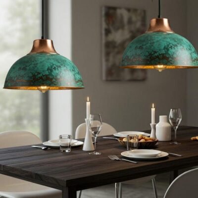 Handmade Moroccan Copper Pendant Light: Green Patina Farmhouse Lighting