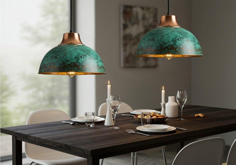 Handmade Moroccan Copper Pendant Light: Green Patina Farmhouse Lighting