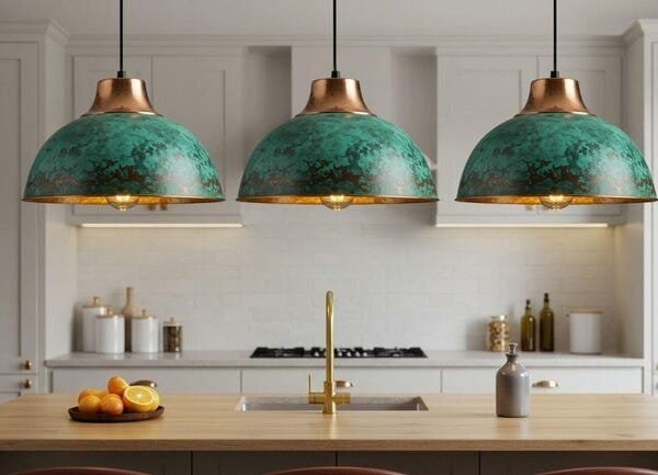 products-GreenPatinaFarmhouseLighting9 Set of 3 Green Patina Copper Dome Pendant Light