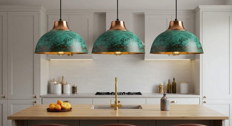 Set of 3 Green Patina Copper Dome Pendant Light