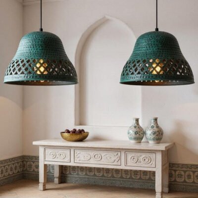 Handmade Hammered Copper Pendant Light: Green Patina Moroccan Ceiling Lamp