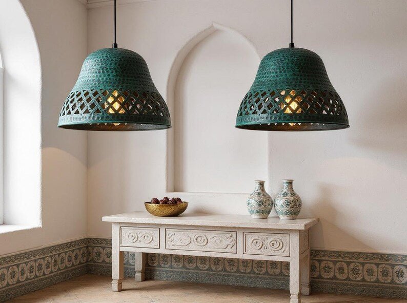 Handmade Hammered Copper Pendant Light: Green Patina Moroccan Ceiling Lamp