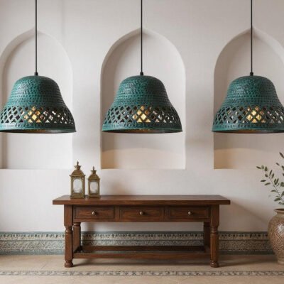 Handmade Hammered Copper Pendant Light: Green Patina Moroccan Ceiling Lamp