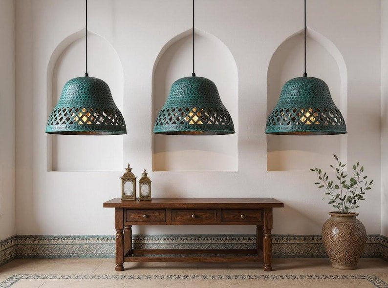 Handmade Hammered Copper Pendant Light: Green Patina Moroccan Ceiling Lamp