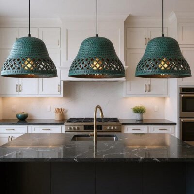Handmade Hammered Copper Pendant Light: Green Patina Moroccan Ceiling Lamp