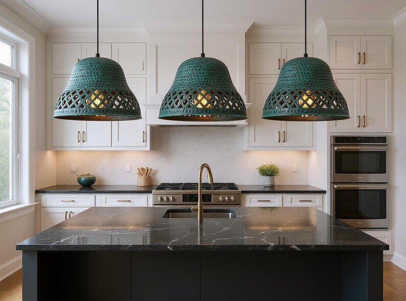 Handmade Hammered Copper Pendant Light: Green Patina Moroccan Ceiling Lamp