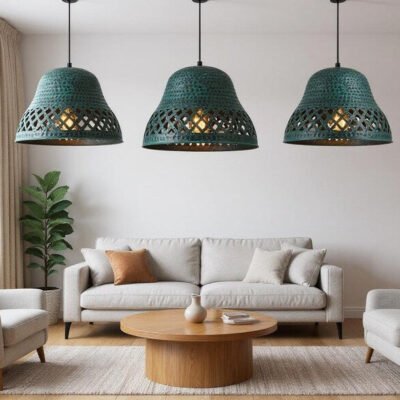 Handmade Hammered Copper Pendant Light: Green Patina Moroccan Ceiling Lamp