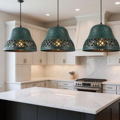 Handmade Hammered Copper Pendant Light: Green Patina Moroccan Ceiling Lamp