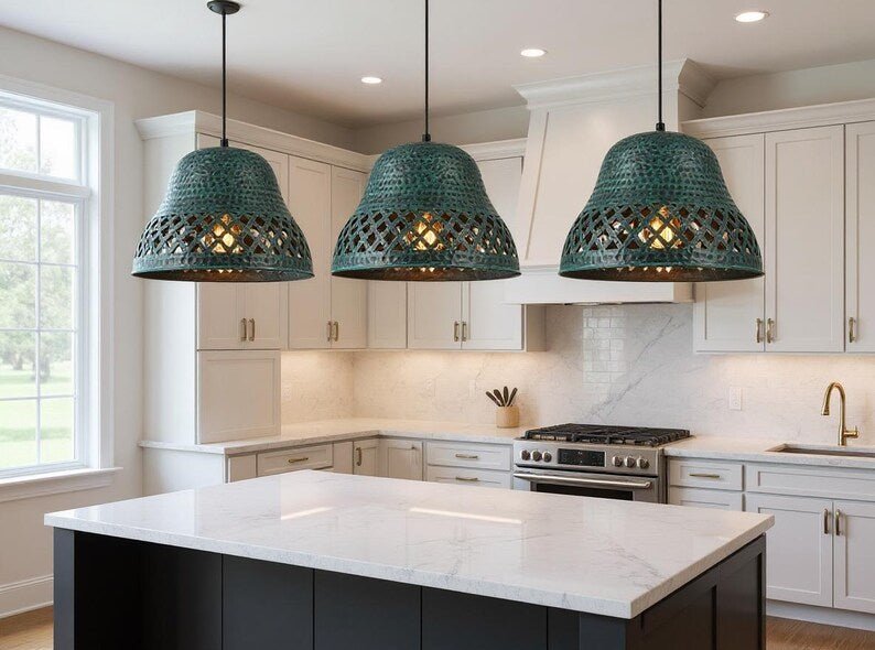 Handmade Hammered Copper Pendant Light: Green Patina Moroccan Ceiling Lamp