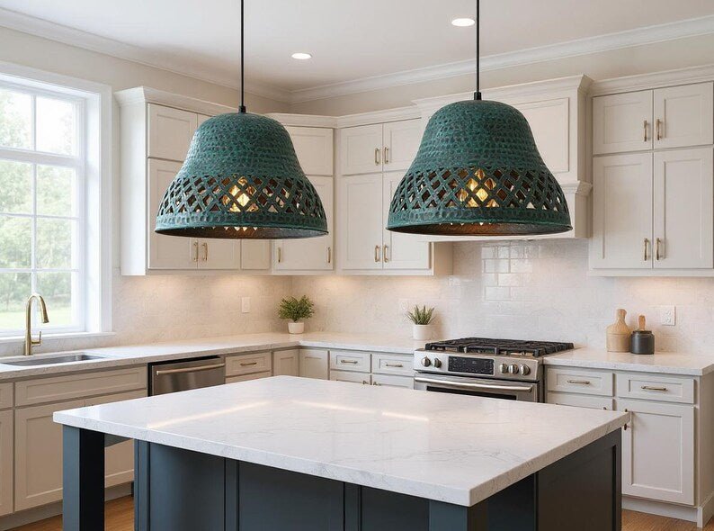 Handmade Hammered Copper Pendant Light: Green Patina Moroccan Ceiling Lamp