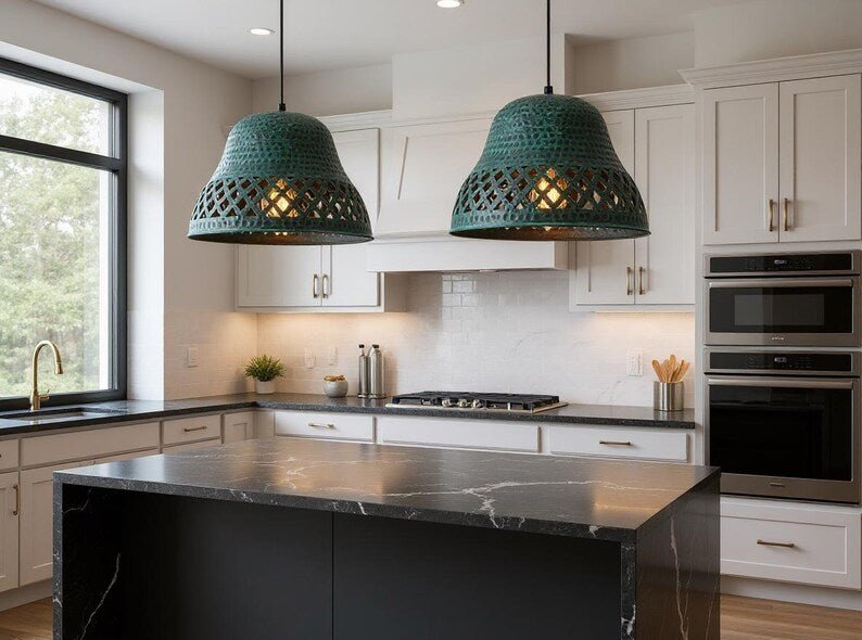 Handmade Hammered Copper Pendant Light: Green Patina Moroccan Ceiling Lamp