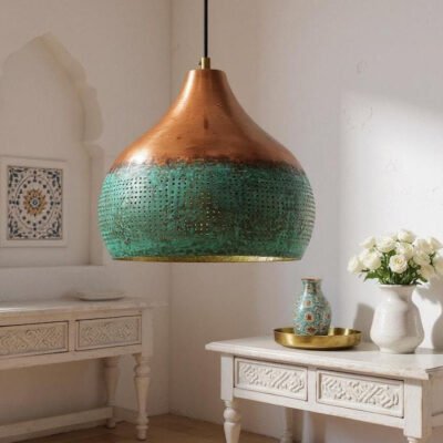 Handmade Copper Pendant Light: Green Patina Moroccan Lamp