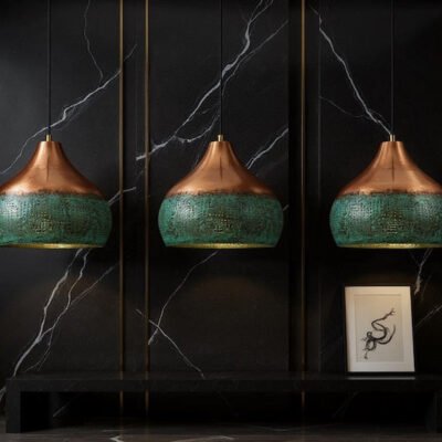 Handmade Copper Pendant Light: Green Patina Moroccan Lamp