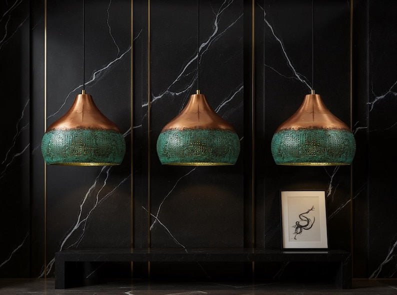 Handmade Copper Pendant Light: Green Patina Moroccan Lamp