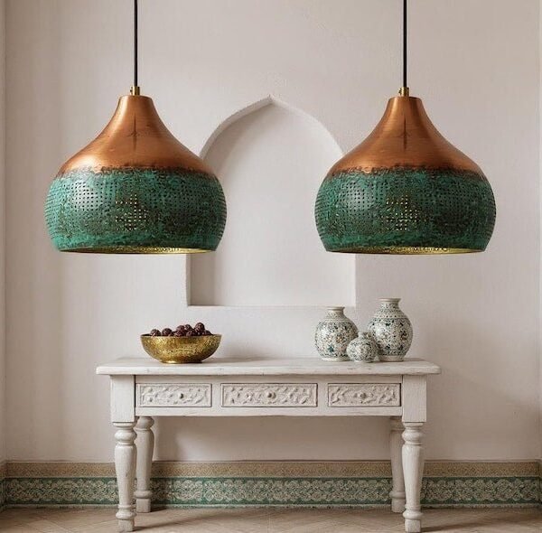 Handmade Green Patina Copper Dome Pendant Light