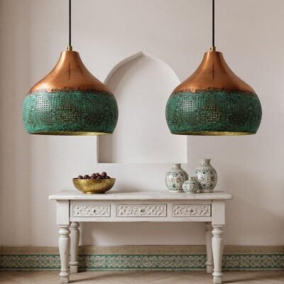 Handmade Copper Pendant Light: Green Patina Moroccan Lamp