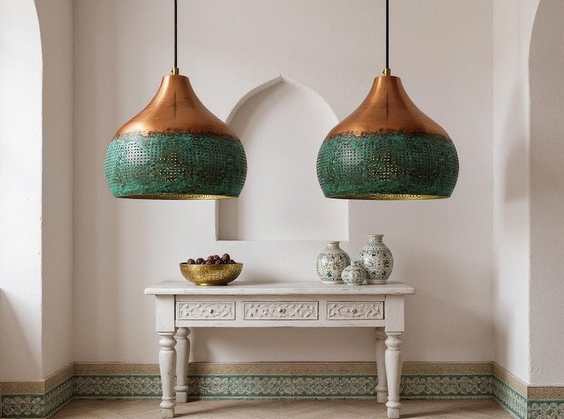 Handmade Copper Pendant Light: Green Patina Moroccan Lamp