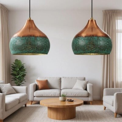 Handmade Copper Pendant Light: Green Patina Moroccan Lamp