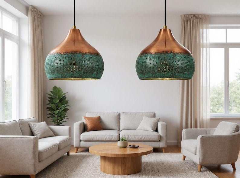 Handmade Copper Pendant Light: Green Patina Moroccan Lamp
