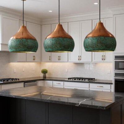 Handmade Copper Pendant Light: Green Patina Moroccan Lamp