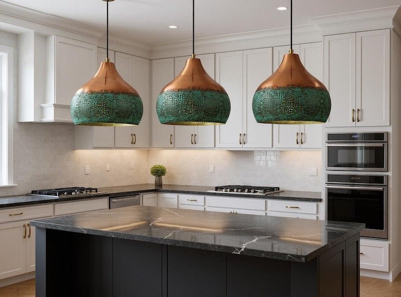 Handmade Copper Pendant Light: Green Patina Moroccan Lamp