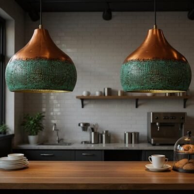 Handmade Copper Pendant Light: Green Patina Moroccan Lamp