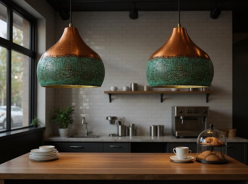 Handmade Copper Pendant Light: Green Patina Moroccan Lamp